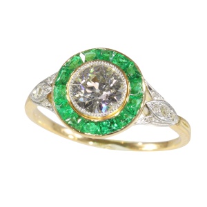 Vintage 1920s Art Deco Diamond and Emerald Engagement Ring